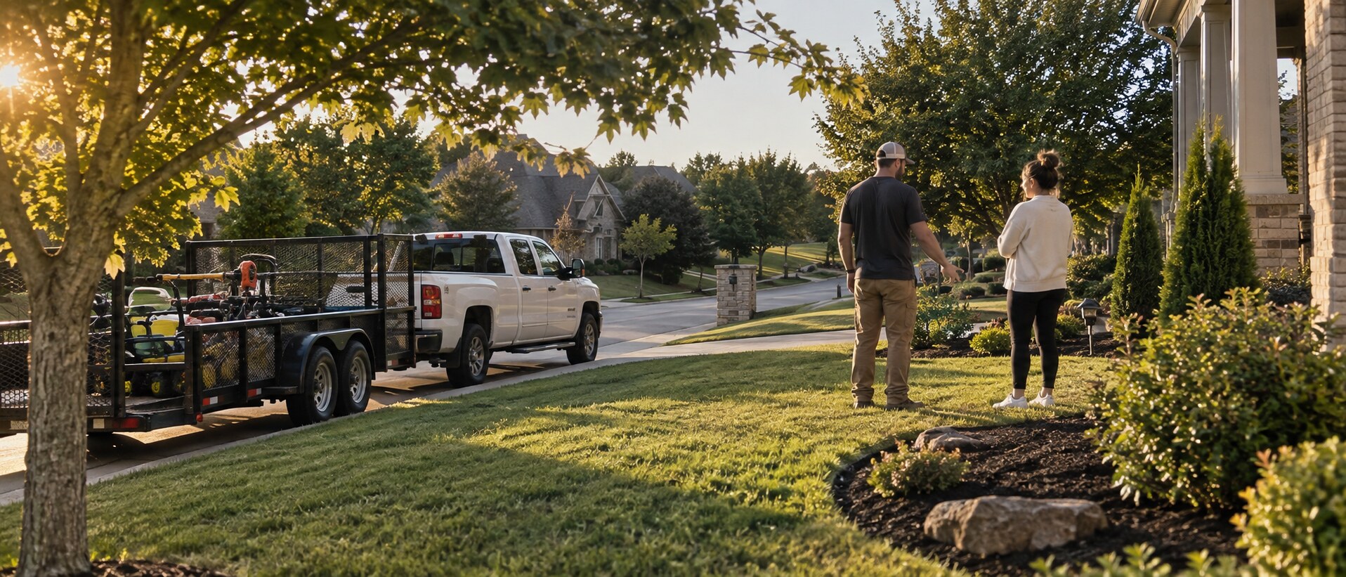 A crew member talking with a homeowner on her finished lawn, the truck and trailer waiting at the curb.