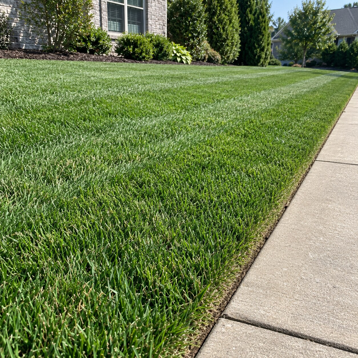 A freshly striped lawn meeting a sidewalk along a sharp, clean edge.