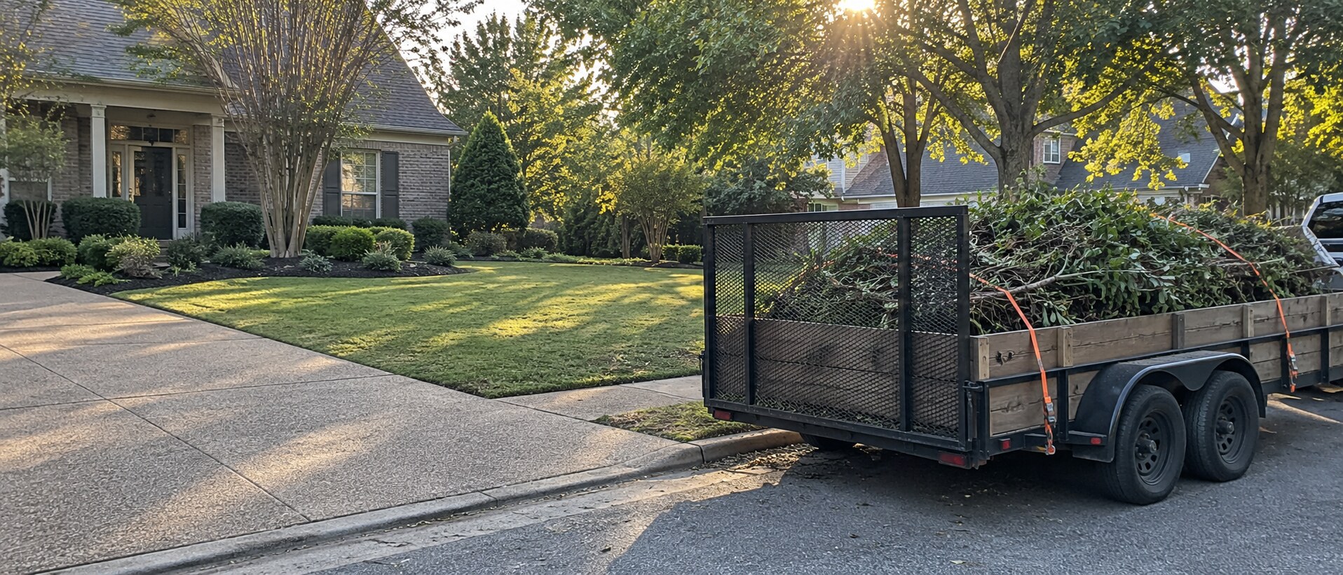 A trailer at the curb loaded with cut brush and strapped down, the lawn and walk behind it already clean.