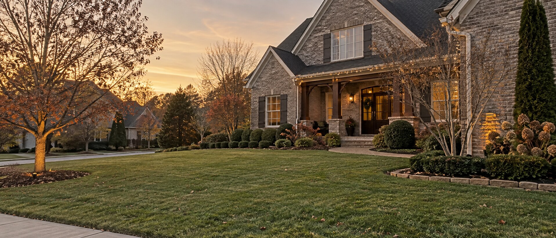 A kept front lawn at dusk in late autumn, bare trees overhead and the beds still sharply edged.