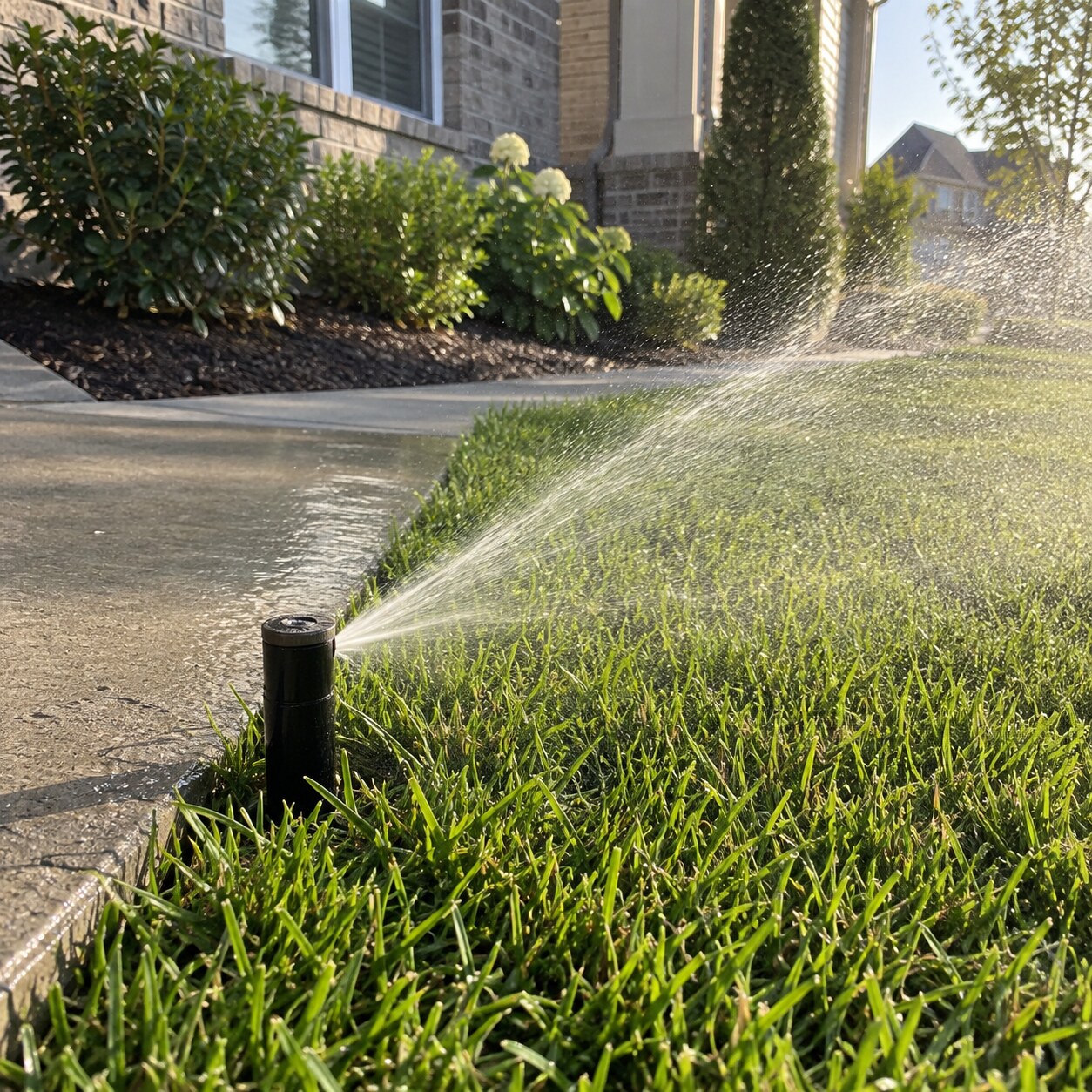 A pop-up sprinkler head running along the edge of a lawn beside the front walk.