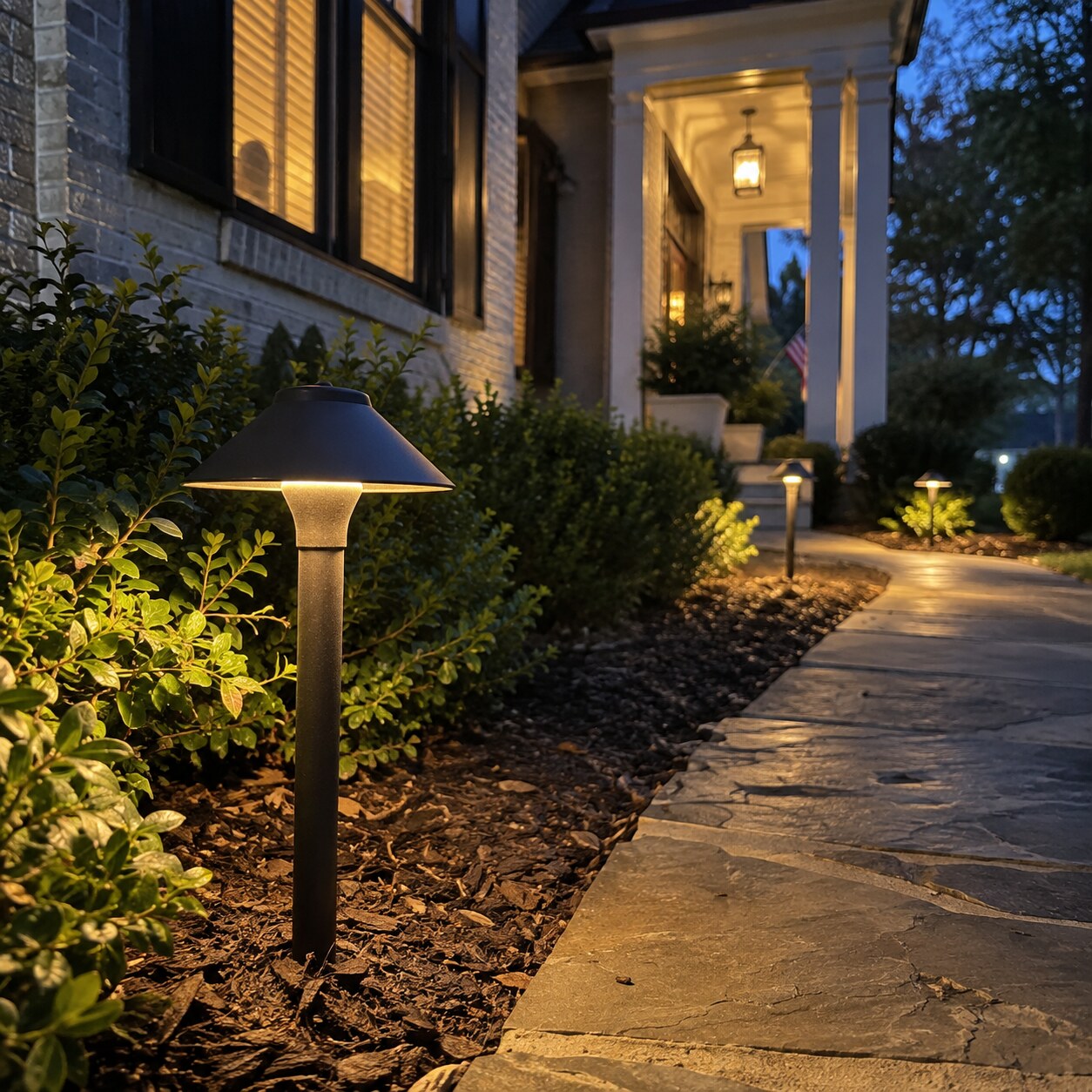 Low-voltage path lights glowing along a flagstone walk at dusk.